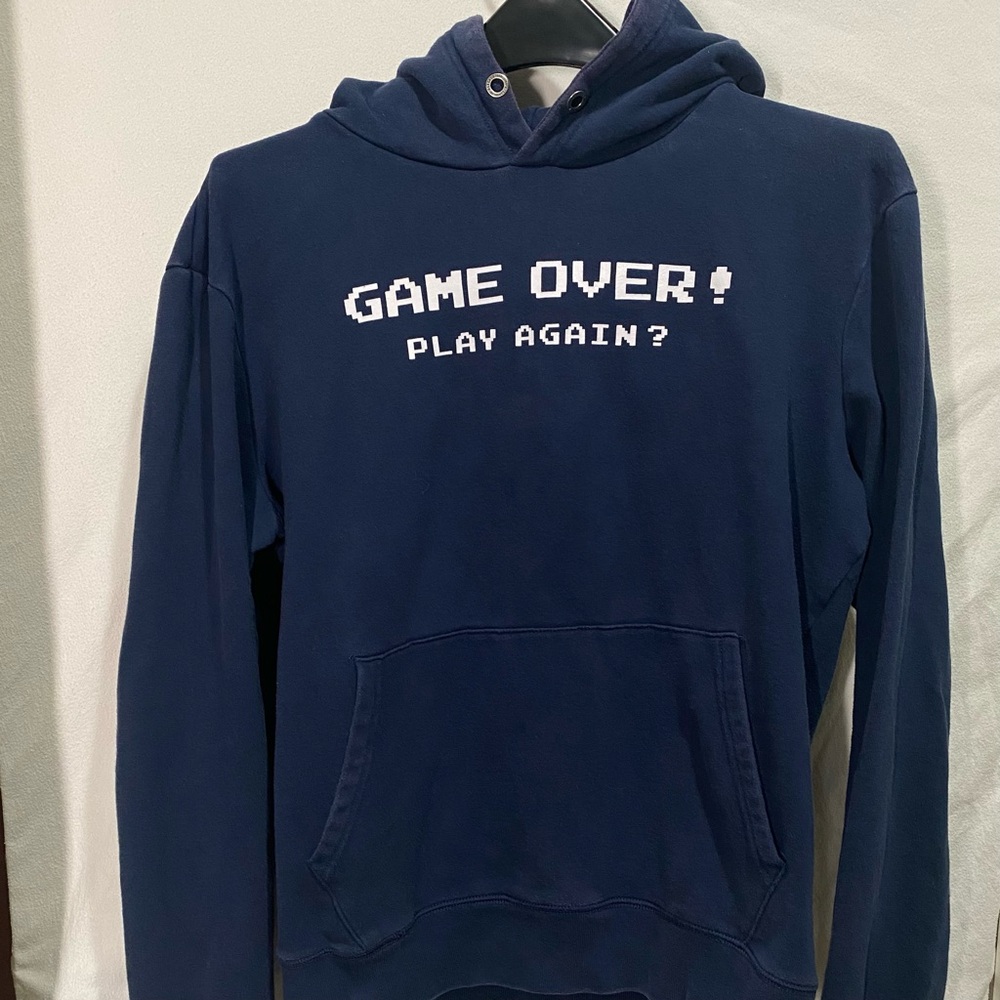 Aeropostale 2018 Blue 'Game Over! Play Again?” Hoodie sweatshirt size Medium